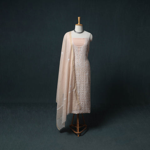 Lucknowi Chikankari Mukaish Work Mul Chanderi Unstitched Dress Material: Kurta, Bottom & Dupatta 07