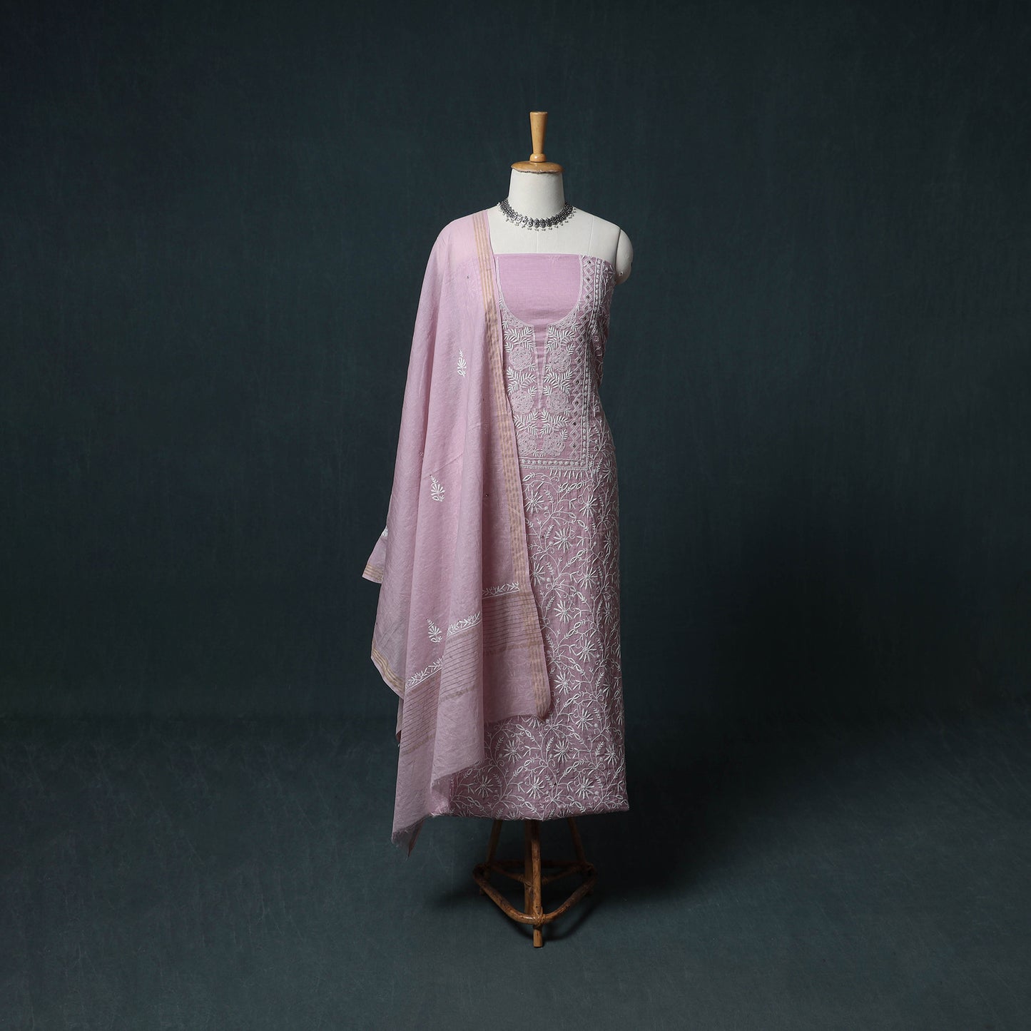 Lucknowi Chikankari Mukaish Work Mul Chanderi Unstitched Dress Material: Kurta, Bottom & Dupatta 08