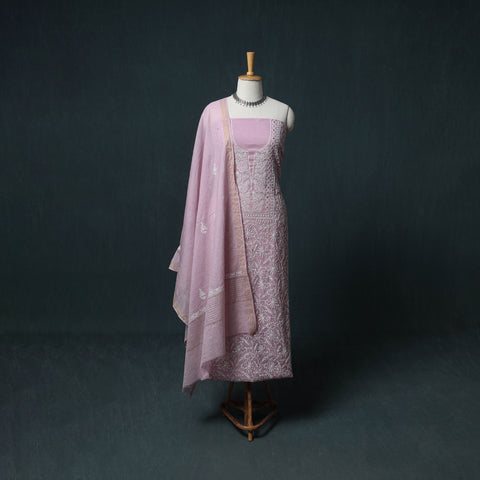 Lucknowi Chikankari Mukaish Work Mul Chanderi Unstitched Dress Material: Kurta, Bottom & Dupatta 08