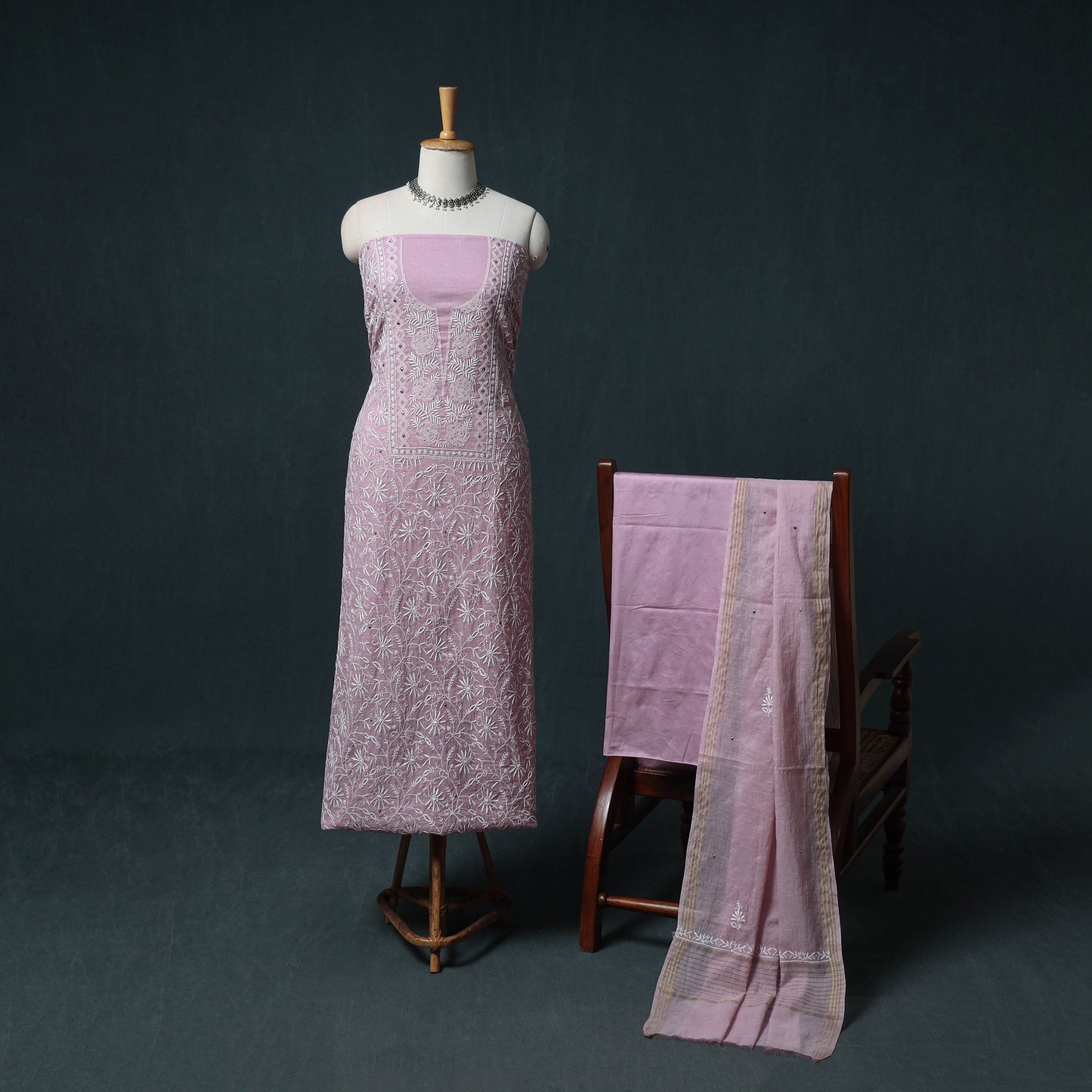Lucknowi Chikankari Mukaish Work Mul Chanderi Unstitched Dress Material: Kurta, Bottom & Dupatta 08