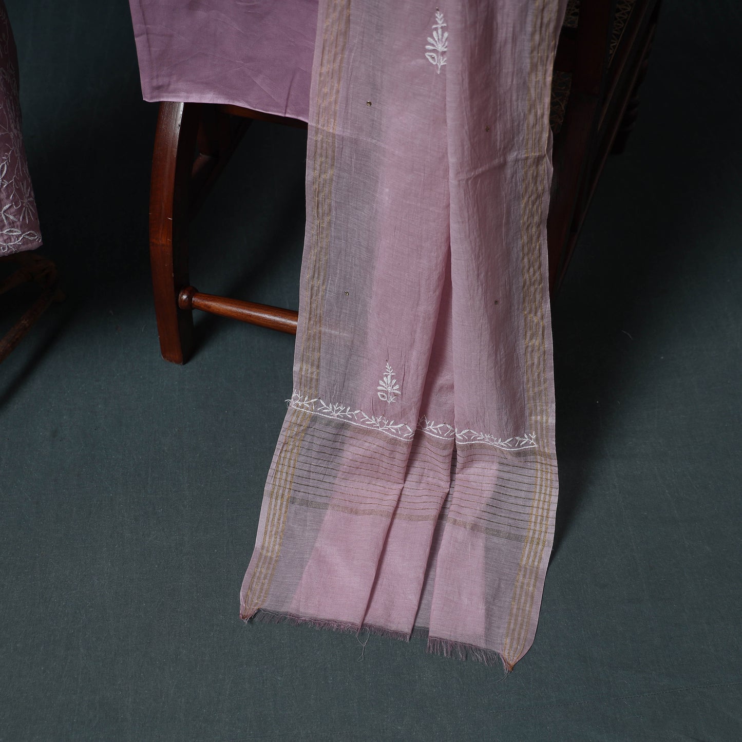 Lucknowi Chikankari Mukaish Work Mul Chanderi Unstitched Dress Material: Kurta, Bottom & Dupatta 08