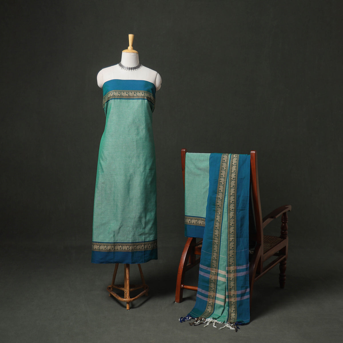 Dharwad Cotton Plain Thread Border Unstitched Dress Material: Kurta, Bottom & Dupatta 18