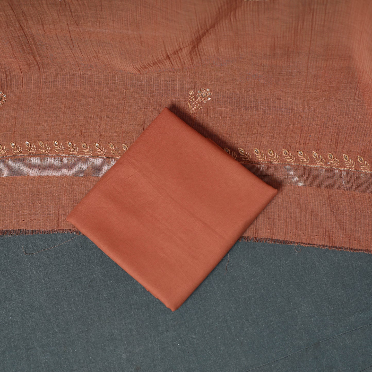 Lucknowi Chikankari Beadwork Mul Chanderi Unstitched Dress Material: Kurta, Bottom & Dupatta 09