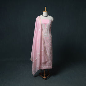 Lucknowi Chikankari Beadwork Mul Chanderi Unstitched Dress Material: Kurta, Bottom & Dupatta 10