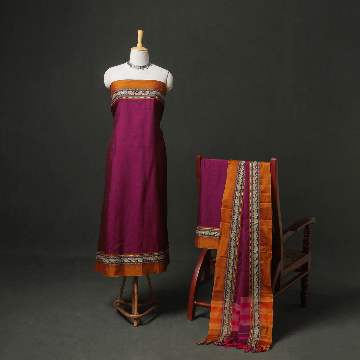 Dharwad Cotton Plain Thread Border Unstitched Dress Material: Kurta, Bottom & Dupatta 19