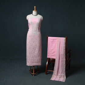 Lucknowi Chikankari Beadwork Mul Chanderi Unstitched Dress Material: Kurta, Bottom & Dupatta 10