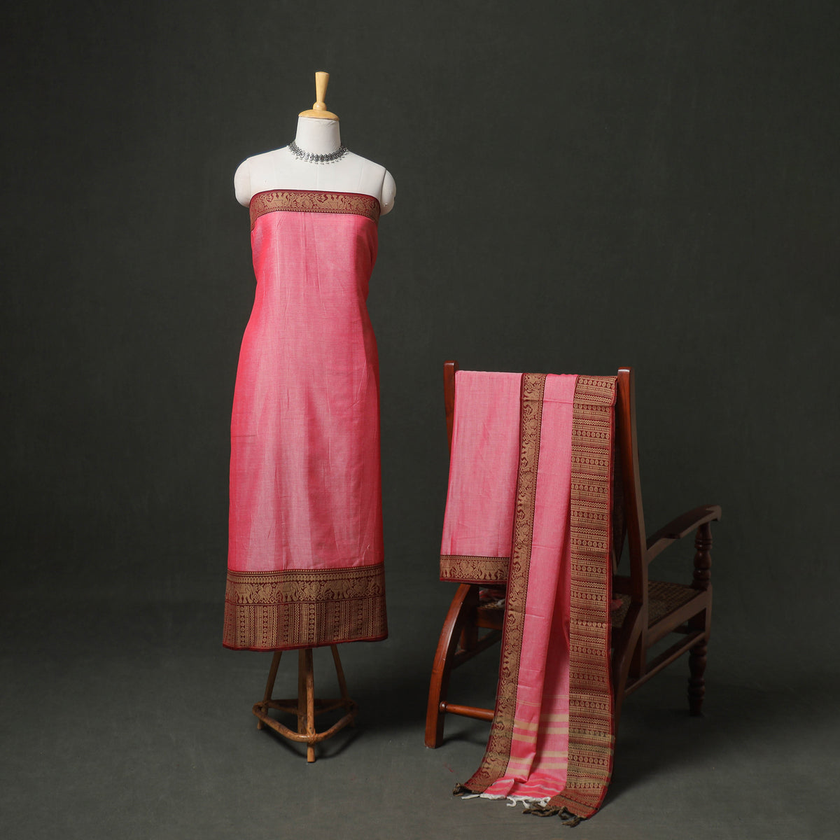 Dharwad Cotton Plain Thread Border Unstitched Dress Material: Kurta, Bottom & Dupatta 21