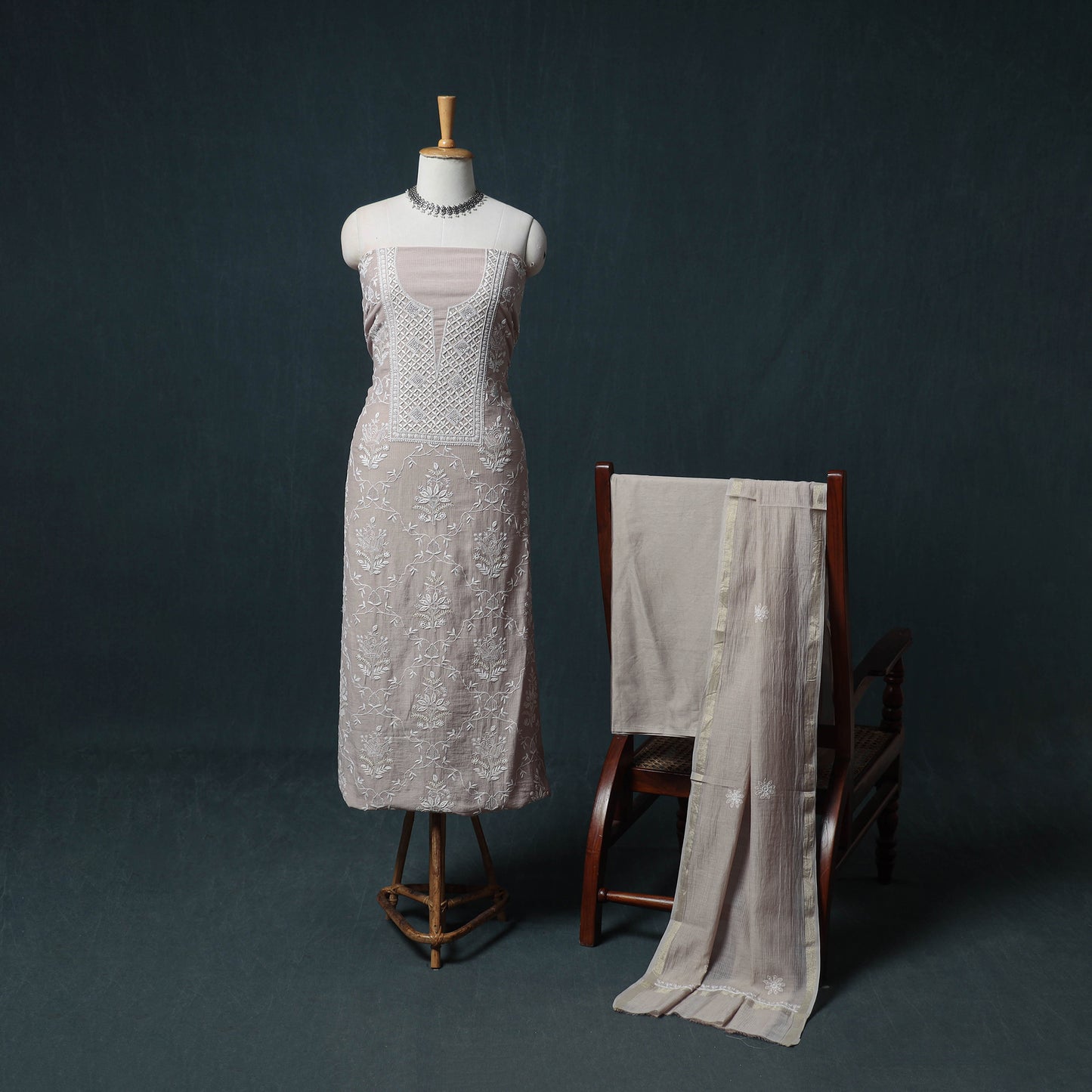 Lucknowi Chikankari Beadwork Mul Chanderi Unstitched Dress Material: Kurta, Bottom & Dupatta 11
