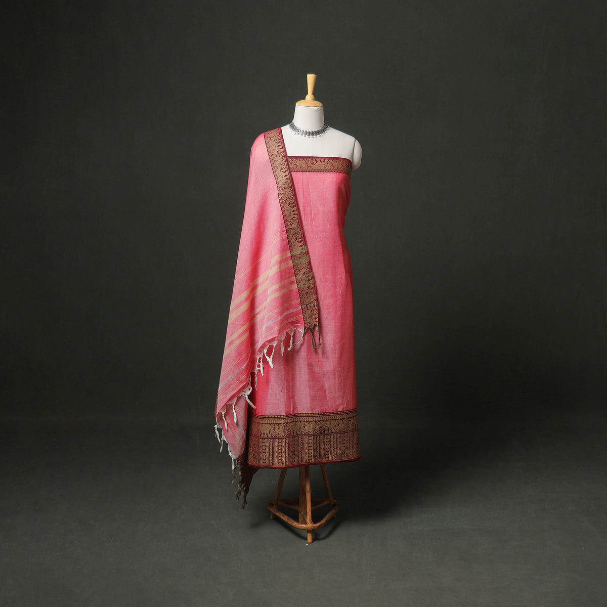 Dharwad Cotton Plain Thread Border Unstitched Dress Material: Kurta, Bottom & Dupatta 21