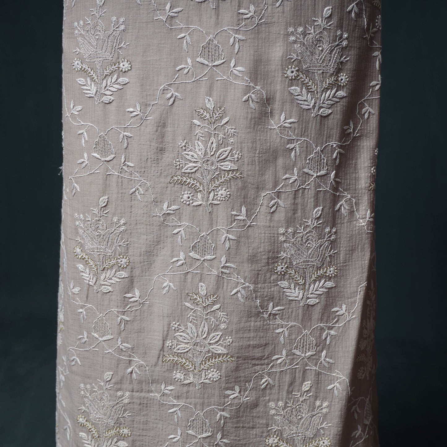 Lucknowi Chikankari Beadwork Mul Chanderi Unstitched Dress Material: Kurta, Bottom & Dupatta 11