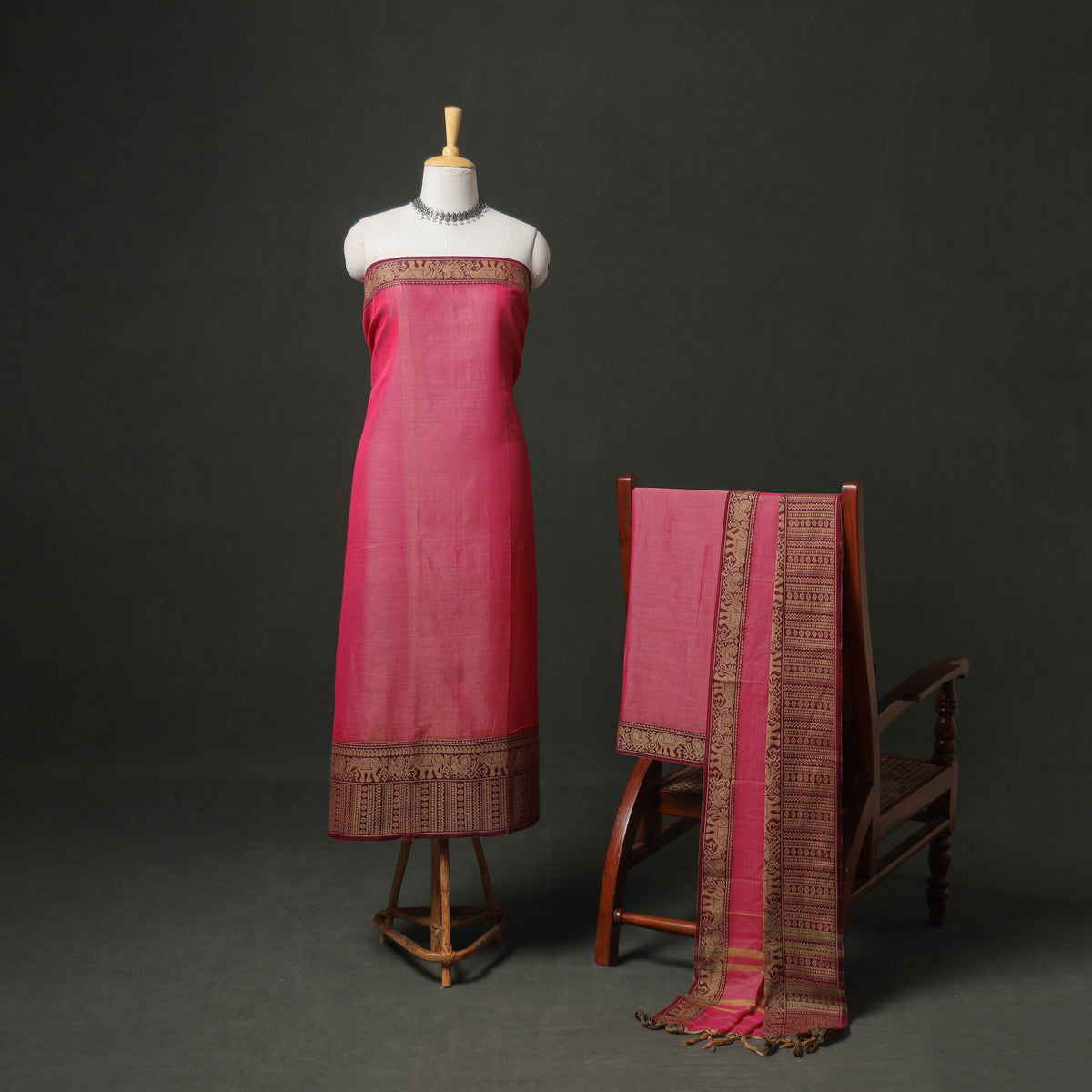 Dharwad Cotton Plain Thread Border Unstitched Dress Material: Kurta, Bottom & Dupatta 22