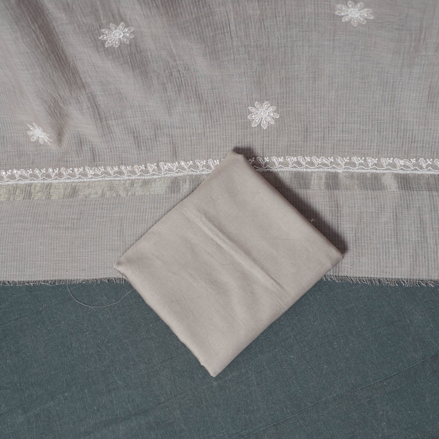 Lucknowi Chikankari Beadwork Mul Chanderi Unstitched Dress Material: Kurta, Bottom & Dupatta 11