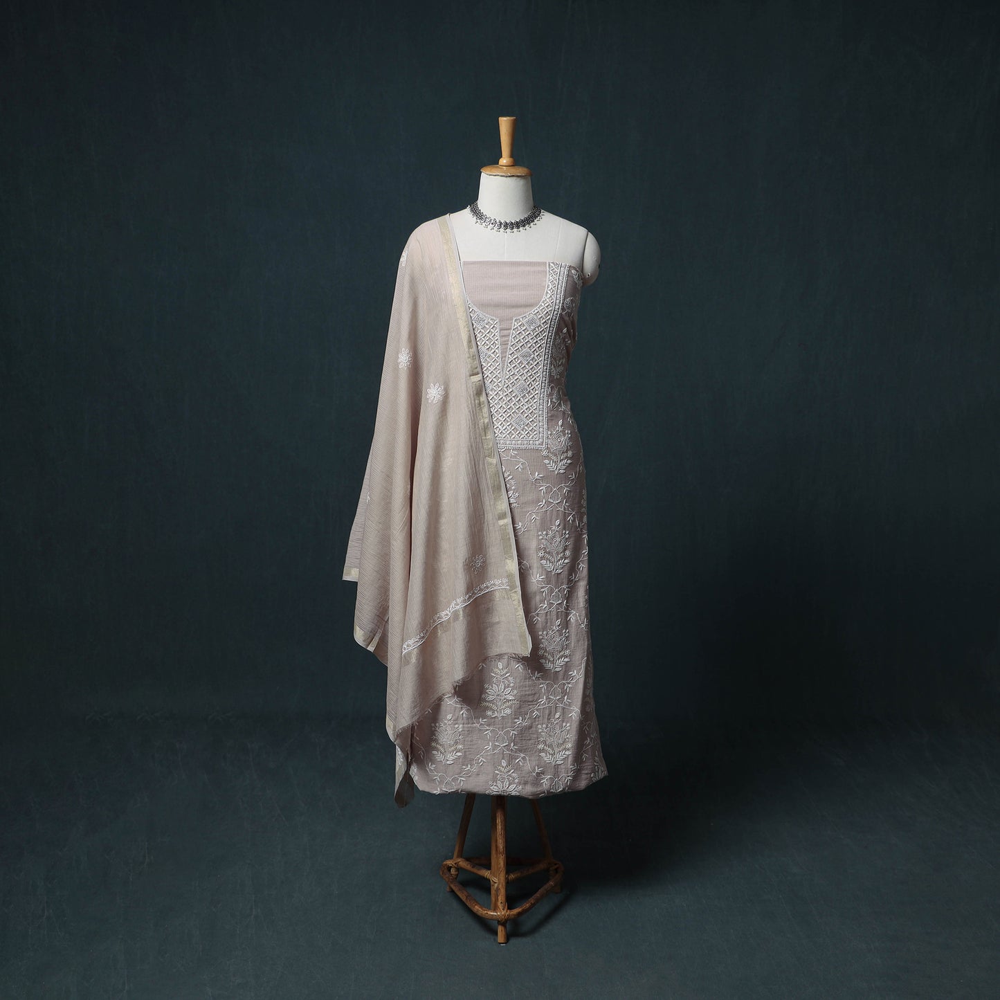 Lucknowi Chikankari Beadwork Mul Chanderi Unstitched Dress Material: Kurta, Bottom & Dupatta 11