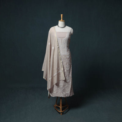 Lucknowi Chikankari Beadwork Mul Chanderi Unstitched Dress Material: Kurta, Bottom & Dupatta 11