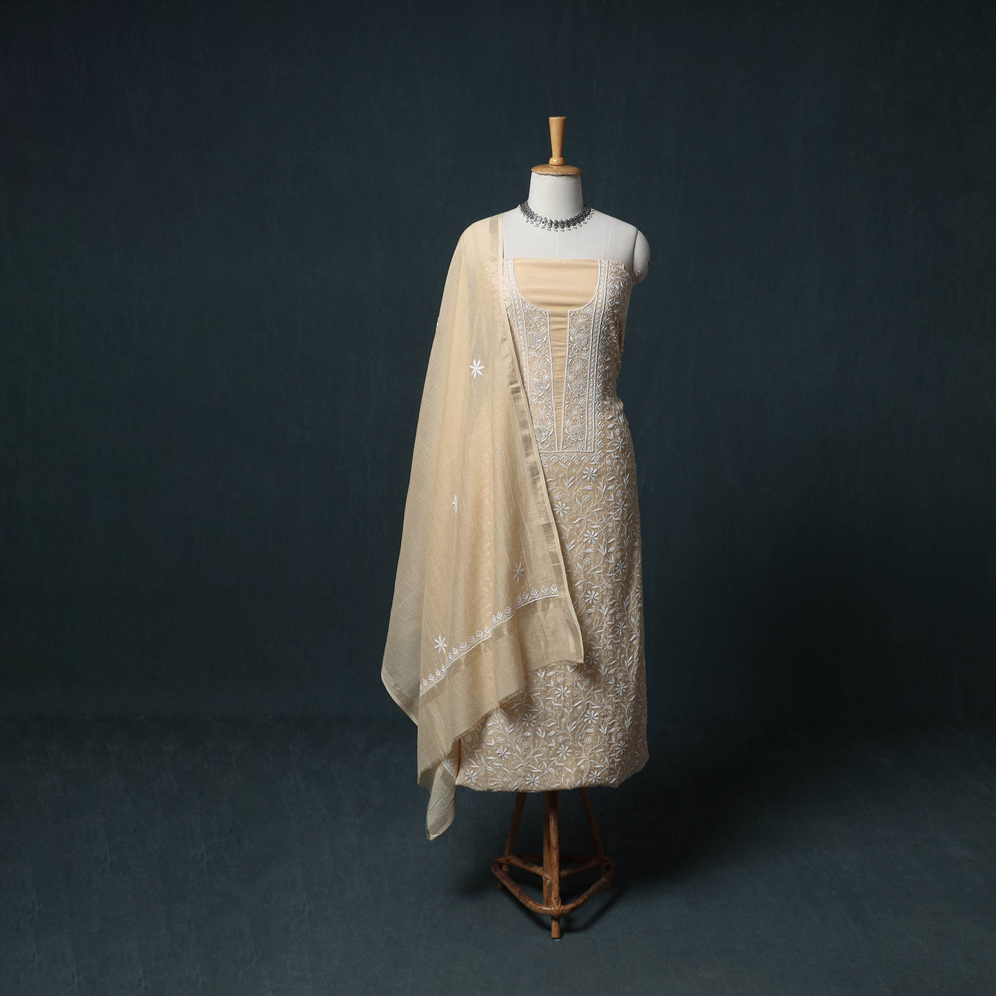 Lucknowi Chikankari Beadwork Mul Chanderi Unstitched Dress Material: Kurta, Bottom & Dupatta 12
