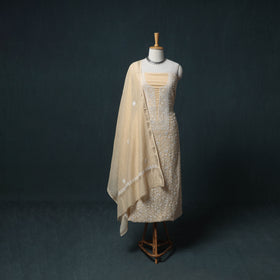 Lucknowi Chikankari Beadwork Mul Chanderi Unstitched Dress Material: Kurta, Bottom & Dupatta 12