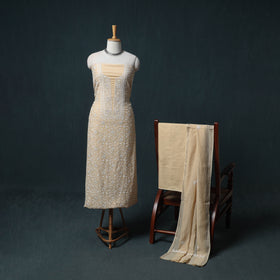 Lucknowi Chikankari Beadwork Mul Chanderi Unstitched Dress Material: Kurta, Bottom & Dupatta 12