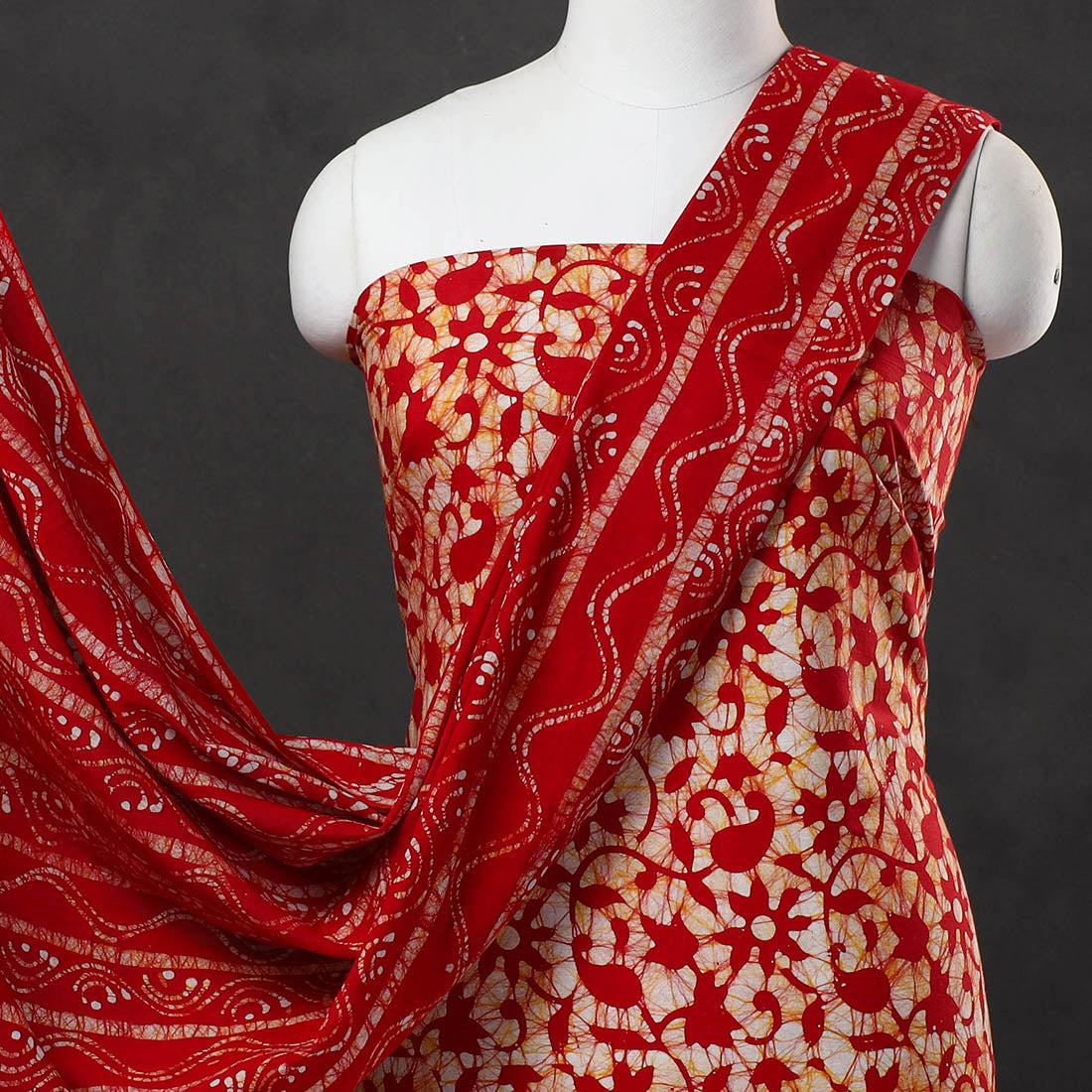 Red - 3pc Cotton Kutch Batik Print Dress Material 16