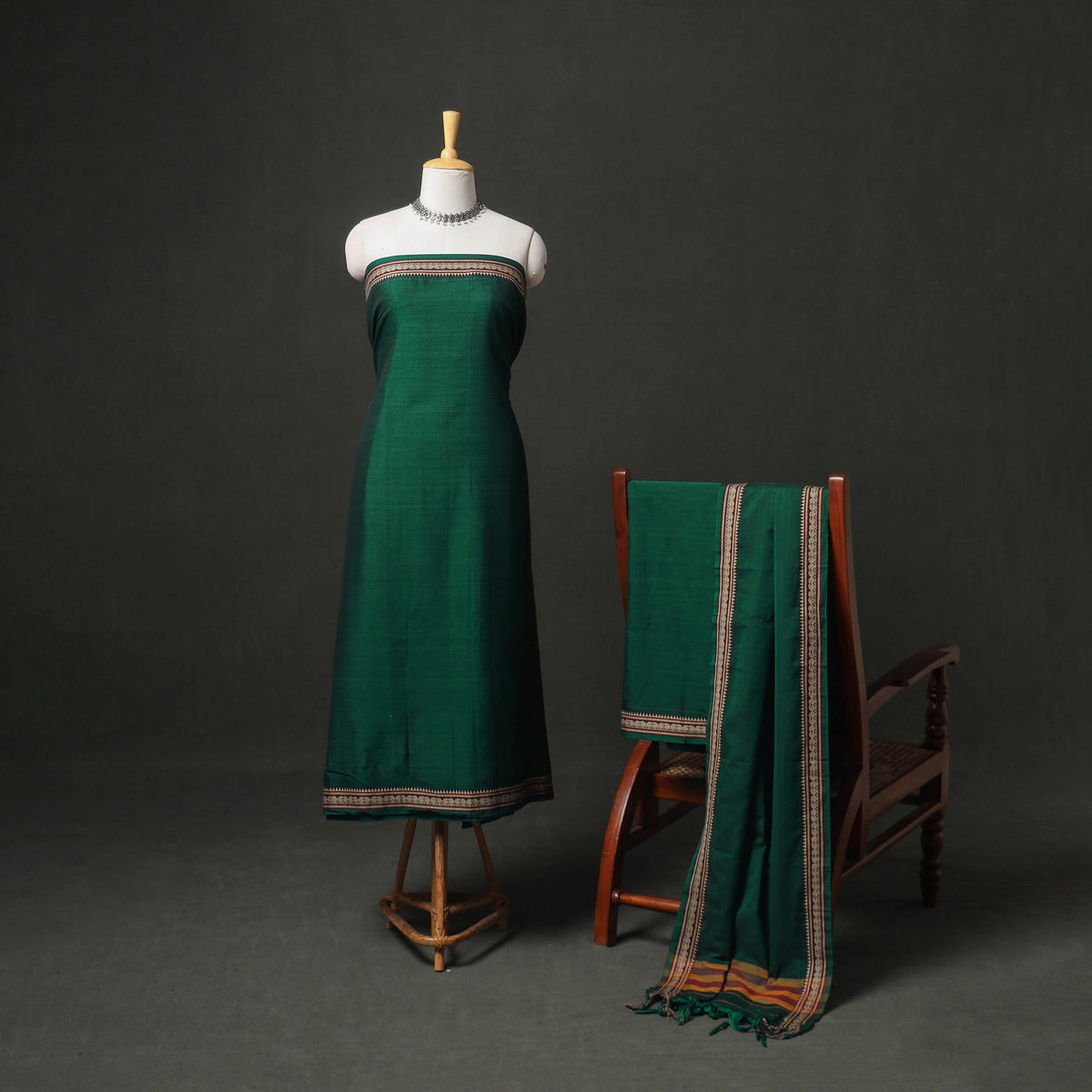 Dharwad Cotton Plain Thread Border Unstitched Dress Material: Kurta, Bottom & Dupatta 24