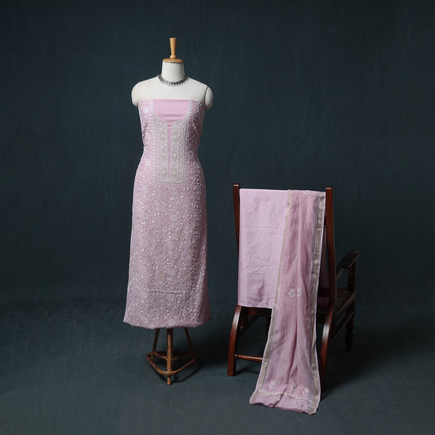 Lucknowi Chikankari Beadwork Mul Chanderi Unstitched Dress Material: Kurta, Bottom & Dupatta 13