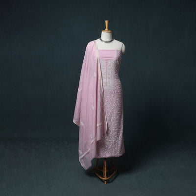 Lucknowi Chikankari Beadwork Mul Chanderi Unstitched Dress Material: Kurta, Bottom & Dupatta 13