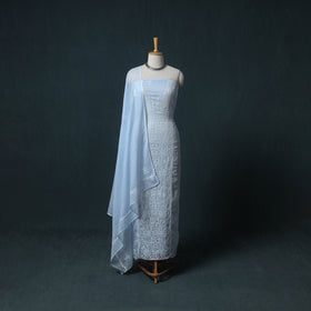 Lucknowi Chikankari Kota Doria Cotton Semi Stitched Dress Material: Kurta with Dupatta 14