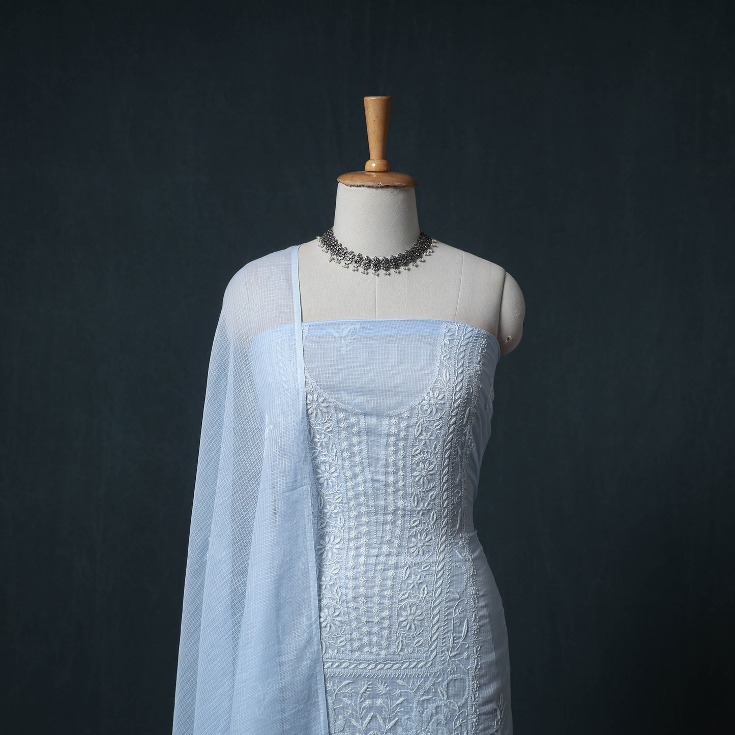 Lucknowi Chikankari Kota Doria Cotton Semi Stitched Dress Material: Kurta with Dupatta 14