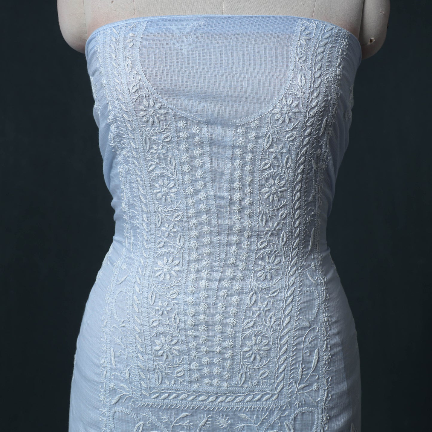 Lucknowi Chikankari Kota Doria Cotton Semi Stitched Dress Material: Kurta with Dupatta 14