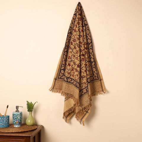 Beige - Handloom Cotton Block Printed Pedana Kalamkari Towel 02