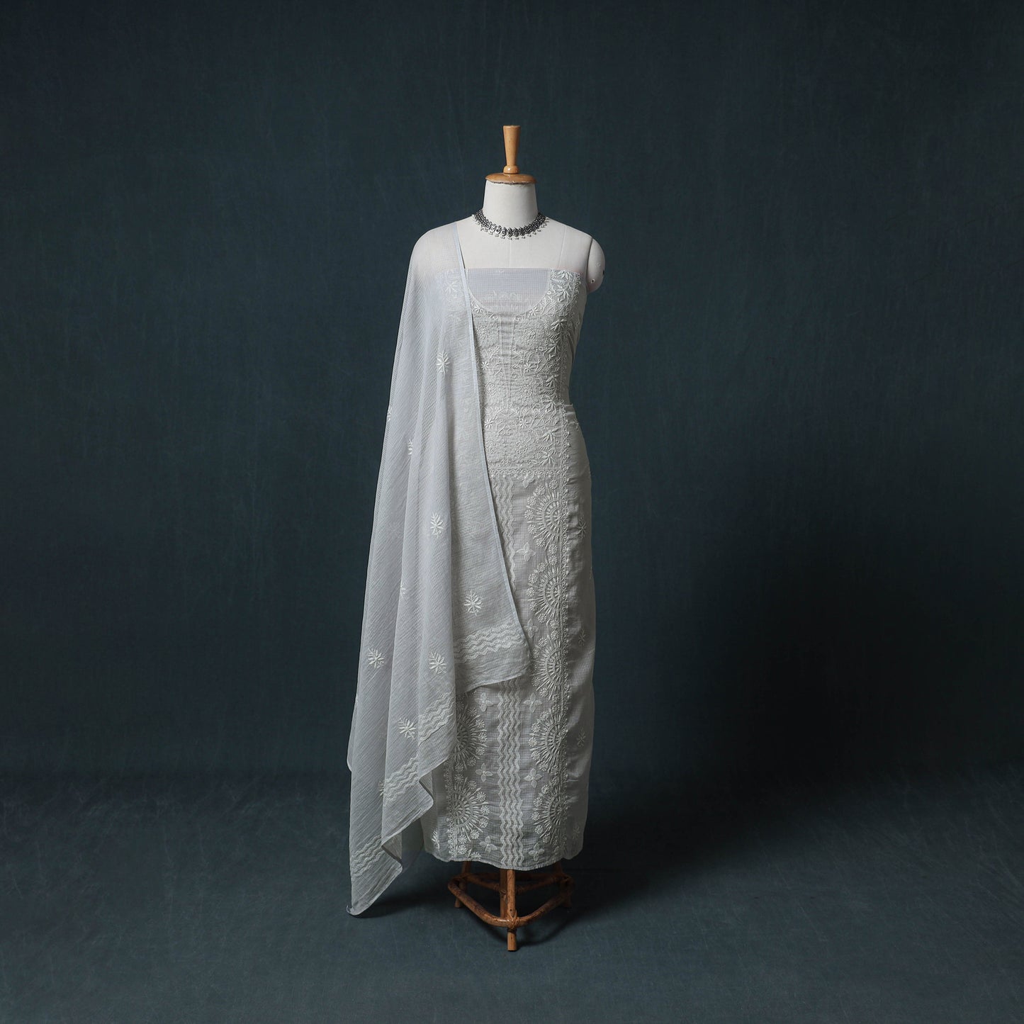 Lucknowi Chikankari Kota Doria Cotton Semi Stitched Dress Material: Kurta with Dupatta 15