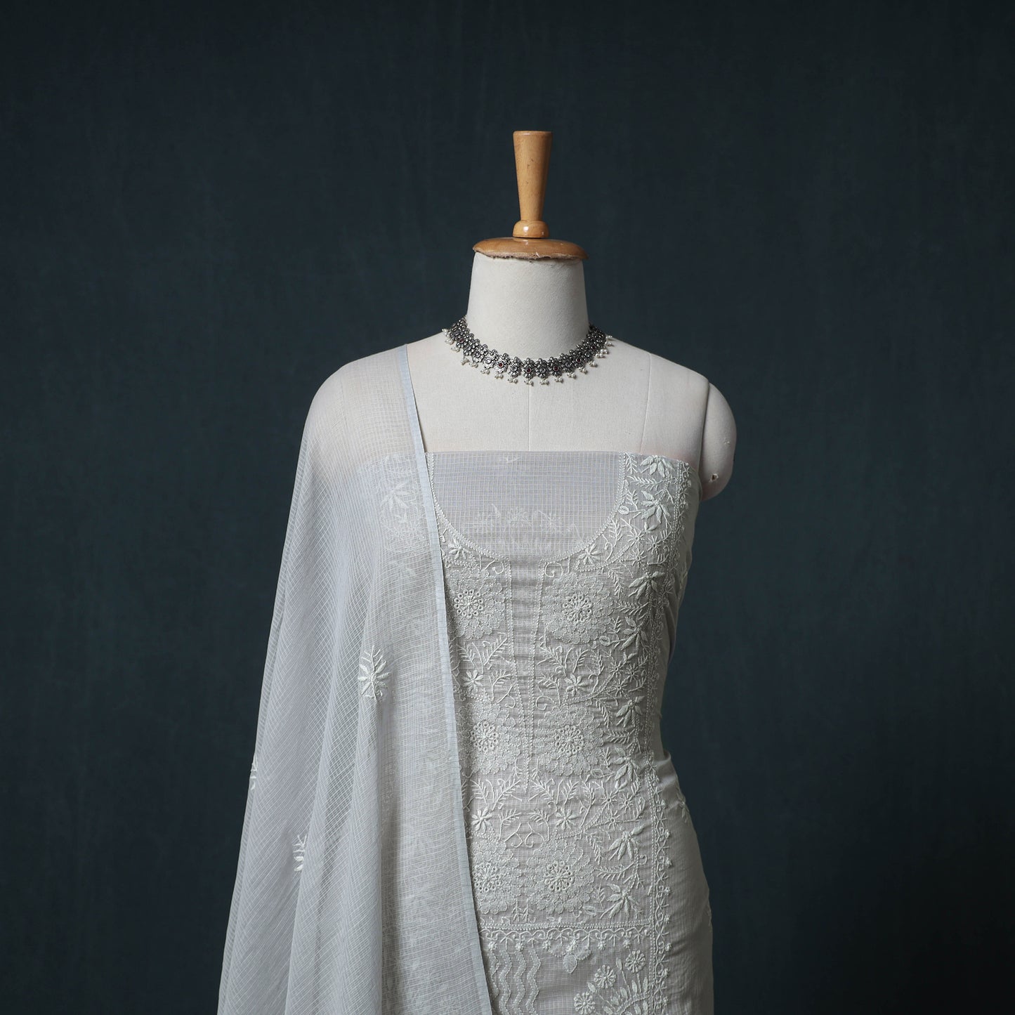 Lucknowi Chikankari Kota Doria Cotton Semi Stitched Dress Material: Kurta with Dupatta 15