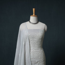Lucknowi Chikankari Kota Doria Cotton Semi Stitched Dress Material: Kurta with Dupatta 15