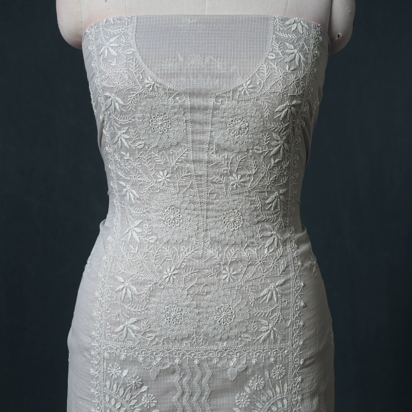 Lucknowi Chikankari Kota Doria Cotton Semi Stitched Dress Material: Kurta with Dupatta 15