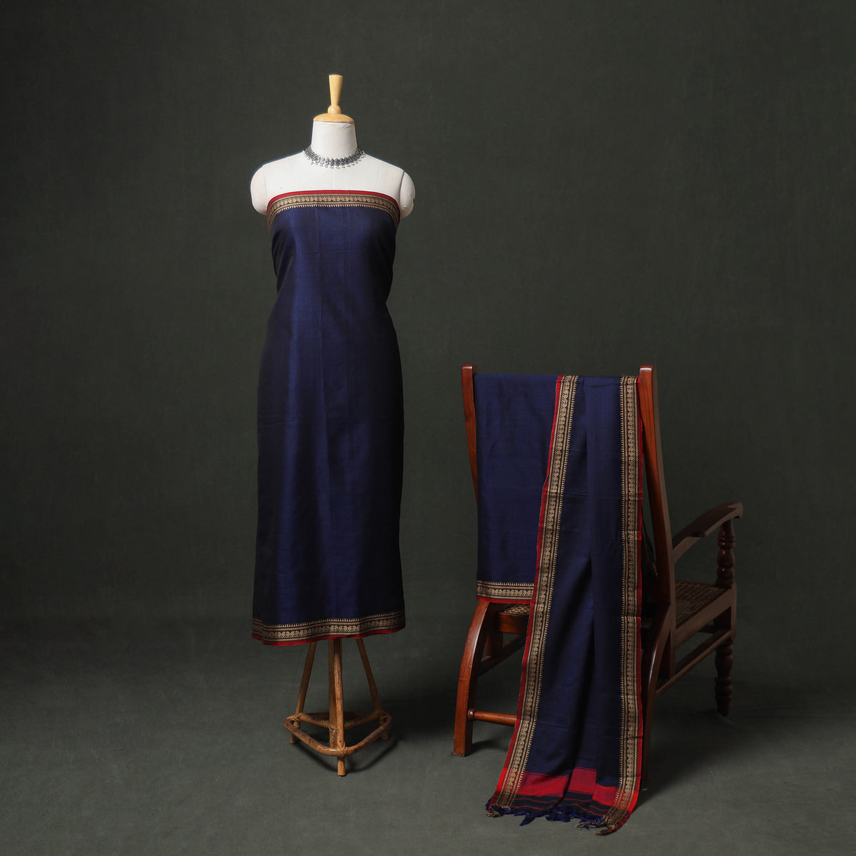 Dharwad Cotton Plain Thread Border Unstitched Dress Material: Kurta, Bottom & Dupatta 29
