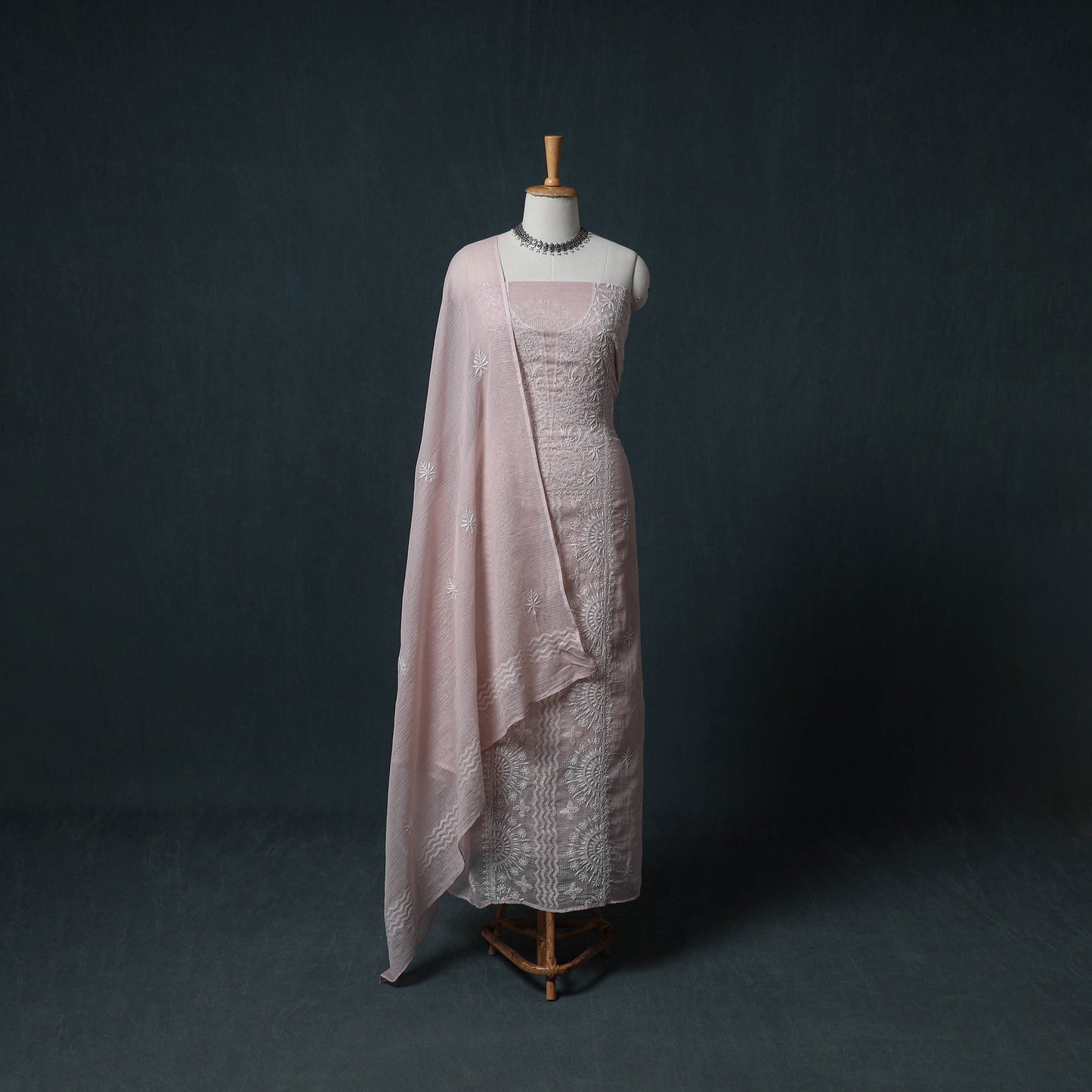 Lucknowi Chikankari Kota Doria Cotton Semi Stitched Dress Material: Kurta with Dupatta 16