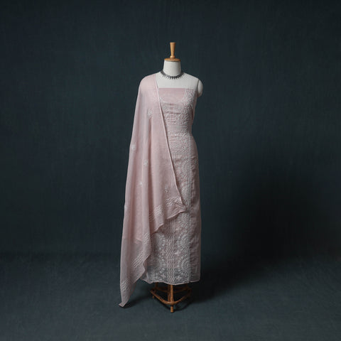 Lucknowi Chikankari Kota Doria Cotton Semi Stitched Dress Material: Kurta with Dupatta 16
