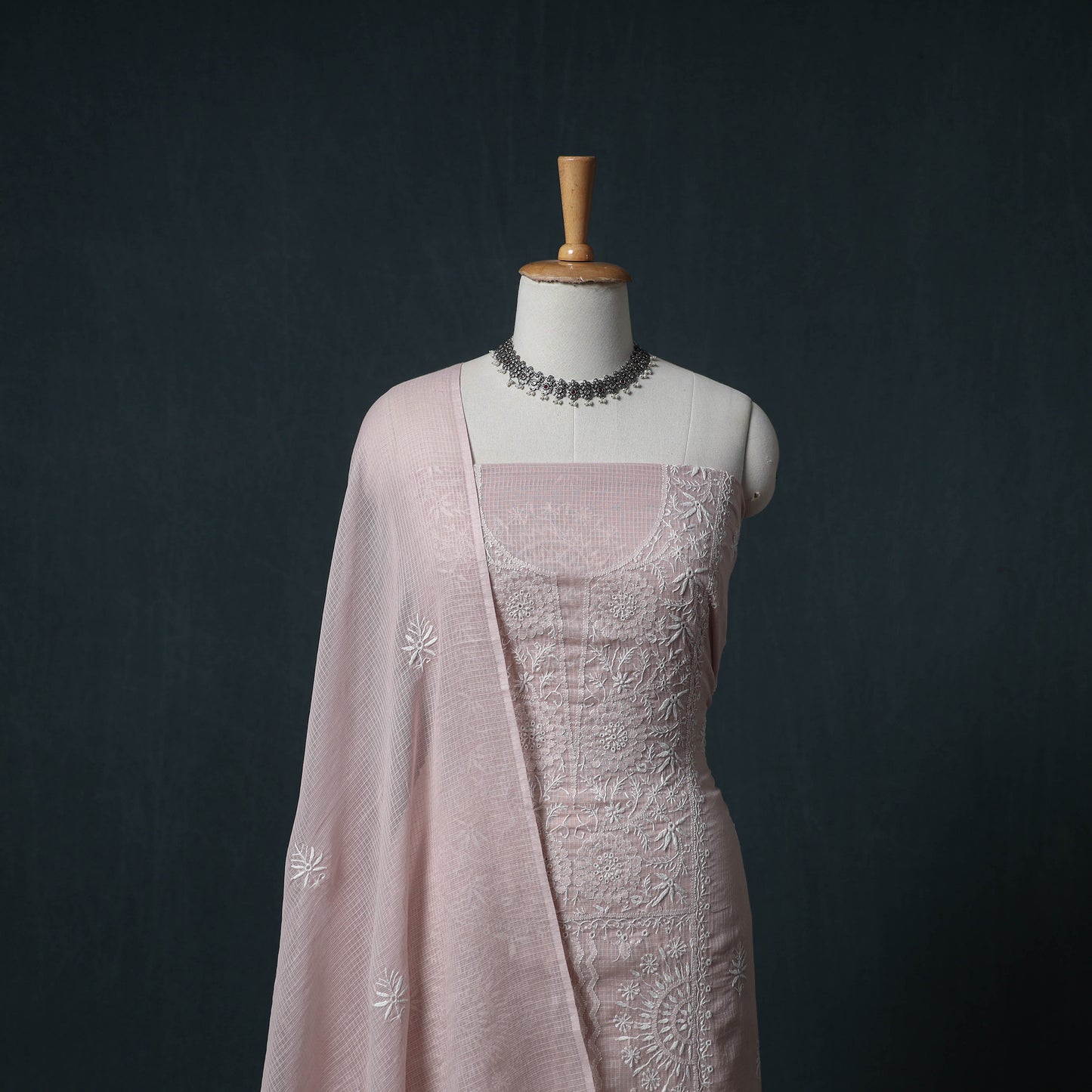Lucknowi Chikankari Kota Doria Cotton Semi Stitched Dress Material: Kurta with Dupatta 16