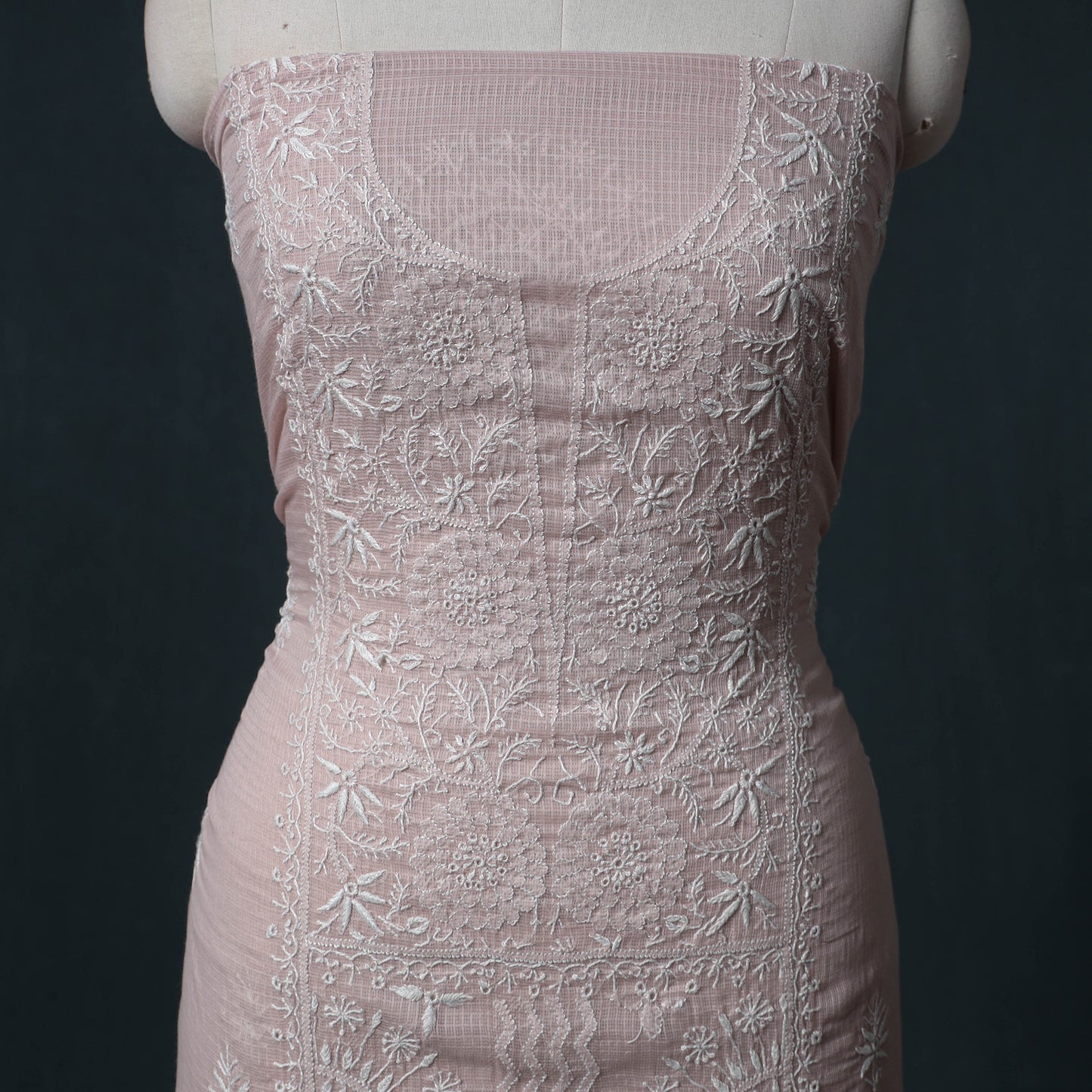 Lucknowi Chikankari Kota Doria Cotton Semi Stitched Dress Material: Kurta with Dupatta 16