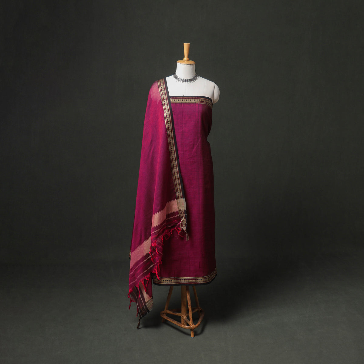 Dharwad Cotton Plain Thread Border Unstitched Dress Material: Kurta, Bottom & Dupatta 30