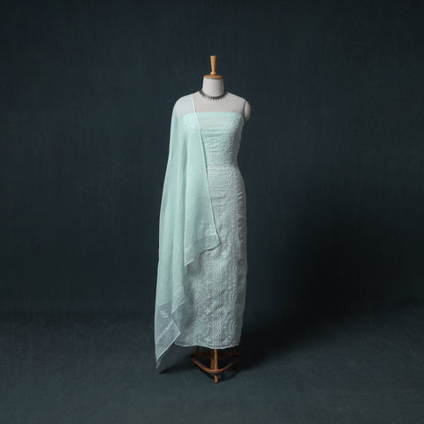 Lucknowi Chikankari Kota Doria Cotton Semi Stitched Dress Material: Kurta with Dupatta 17