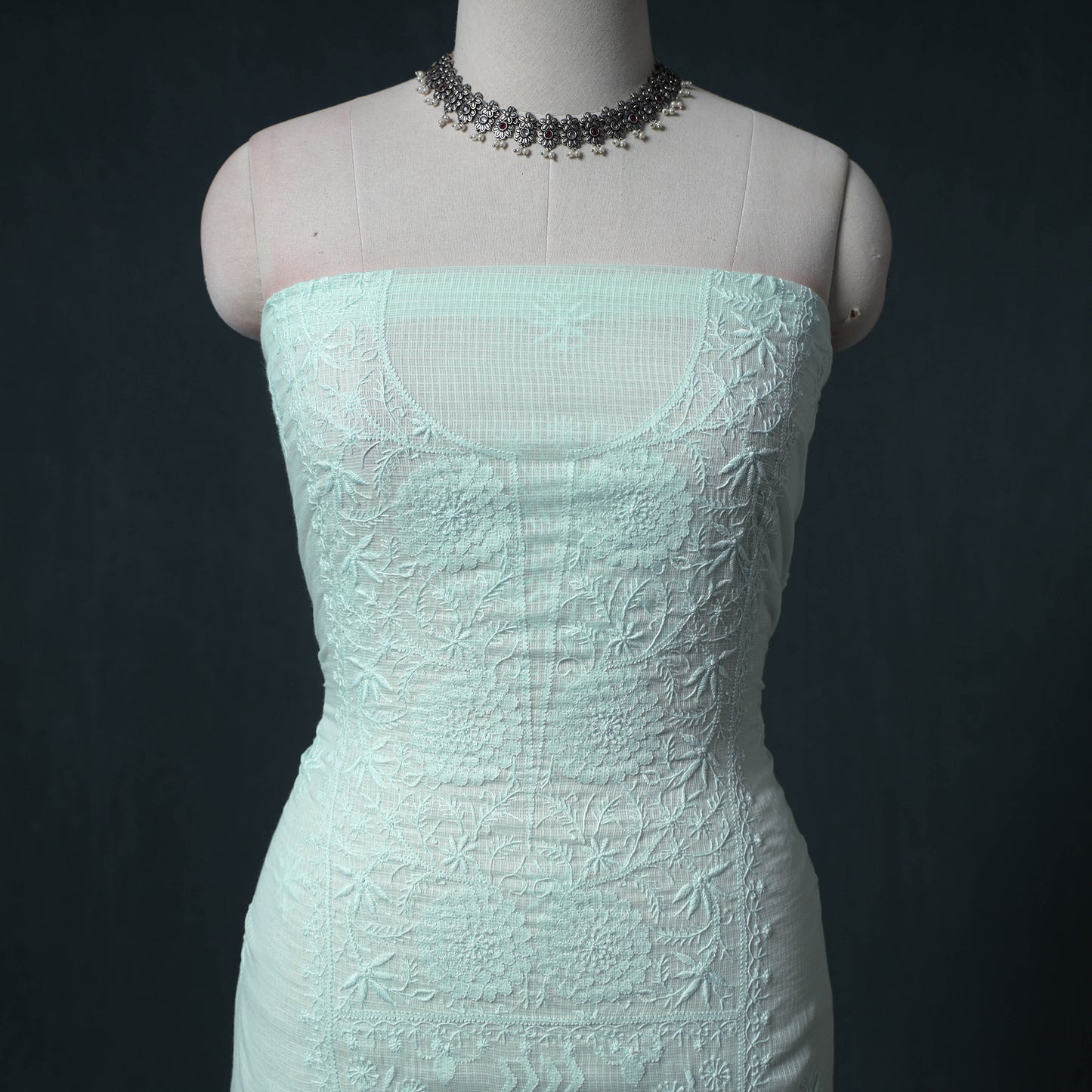 Lucknowi Chikankari Kota Doria Cotton Semi Stitched Dress Material: Kurta with Dupatta 17