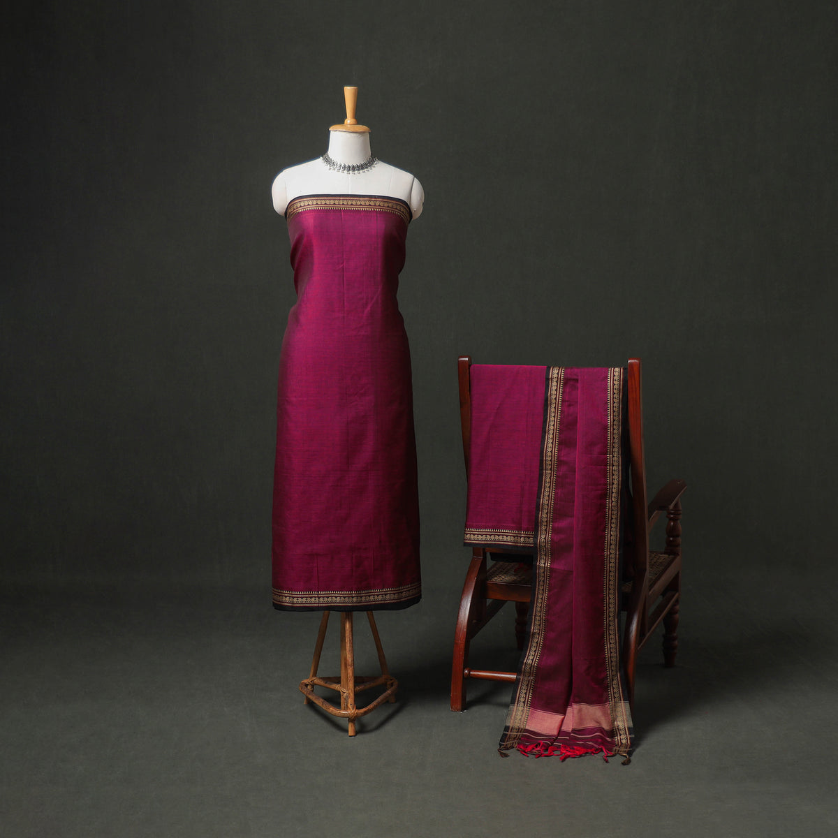 Dharwad Cotton Plain Thread Border Unstitched Dress Material: Kurta, Bottom & Dupatta 30