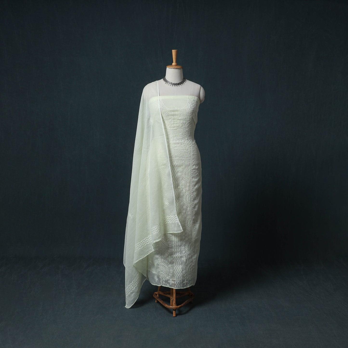 Lucknowi Chikankari Kota Doria Cotton Semi Stitched Dress Material: Kurta with Dupatta 18