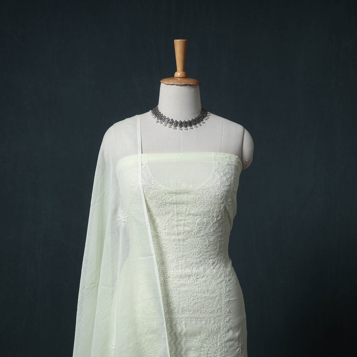 Lucknowi Chikankari Kota Doria Cotton Semi Stitched Dress Material: Kurta with Dupatta 18