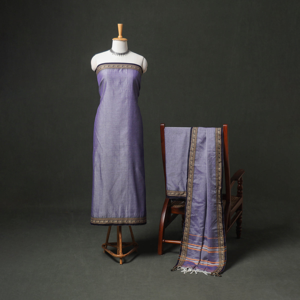 Dharwad Cotton Plain Thread Border Unstitched Dress Material: Kurta, Bottom & Dupatta 31