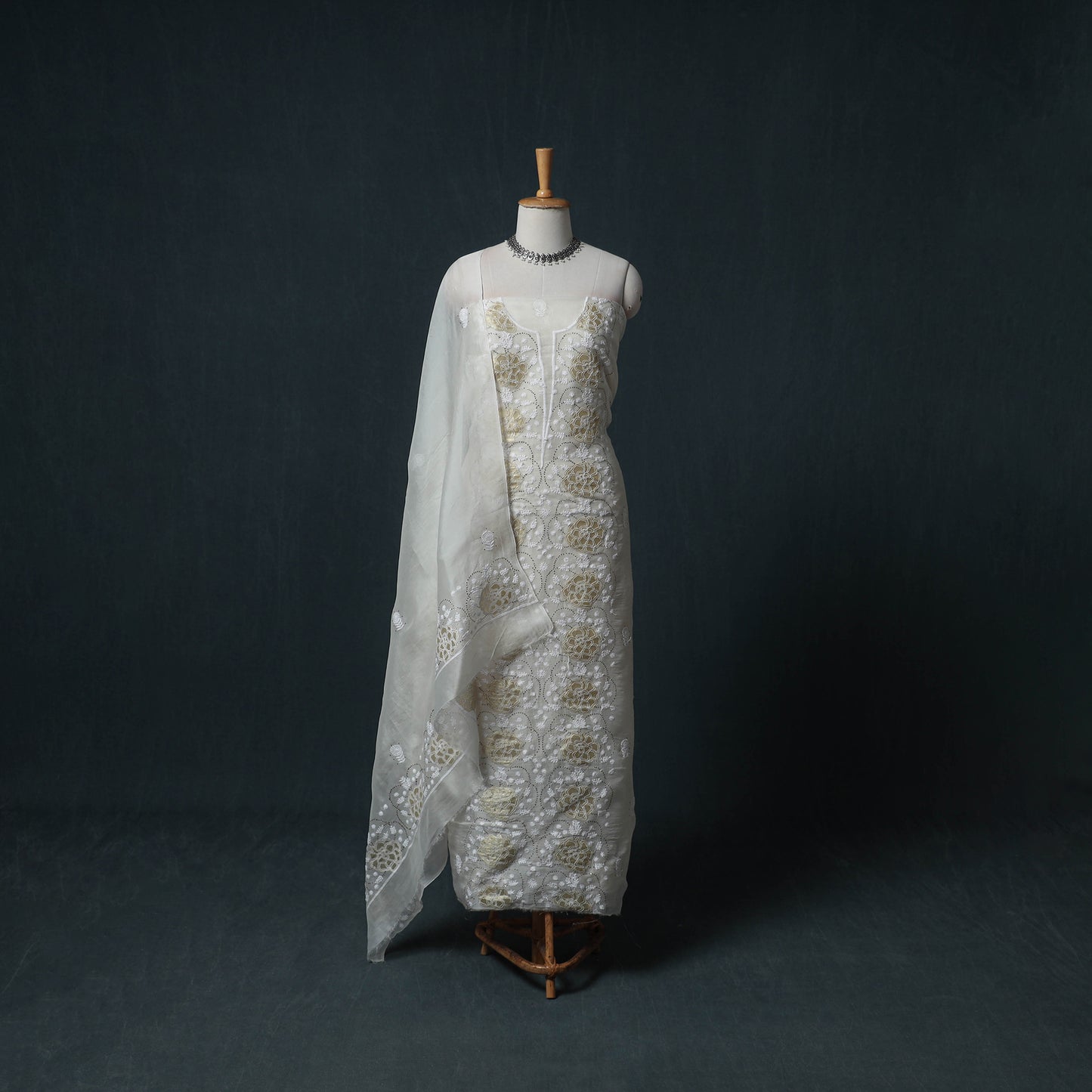 Lucknowi Chikankari Mukaish Work Organza Silk Unstitched Dress Material: Kurta with Dupatta 19