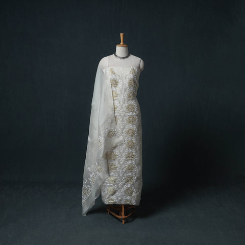 Lucknowi Chikankari Mukaish Work Organza Silk Unstitched Dress Material: Kurta with Dupatta 19