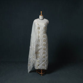 Lucknowi Chikankari Mukaish Work Organza Silk Unstitched Dress Material: Kurta with Dupatta 19