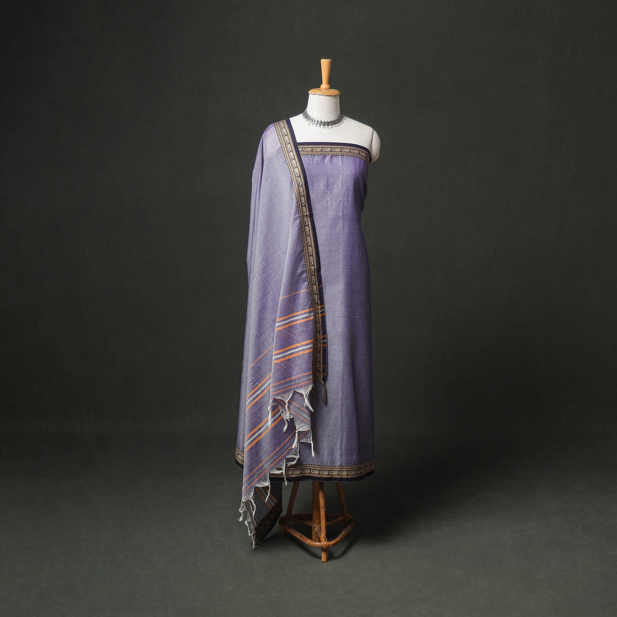 Dharwad Cotton Plain Thread Border Unstitched Dress Material: Kurta, Bottom & Dupatta 31