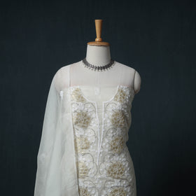 Lucknowi Chikankari Mukaish Work Organza Silk Unstitched Dress Material: Kurta with Dupatta 19